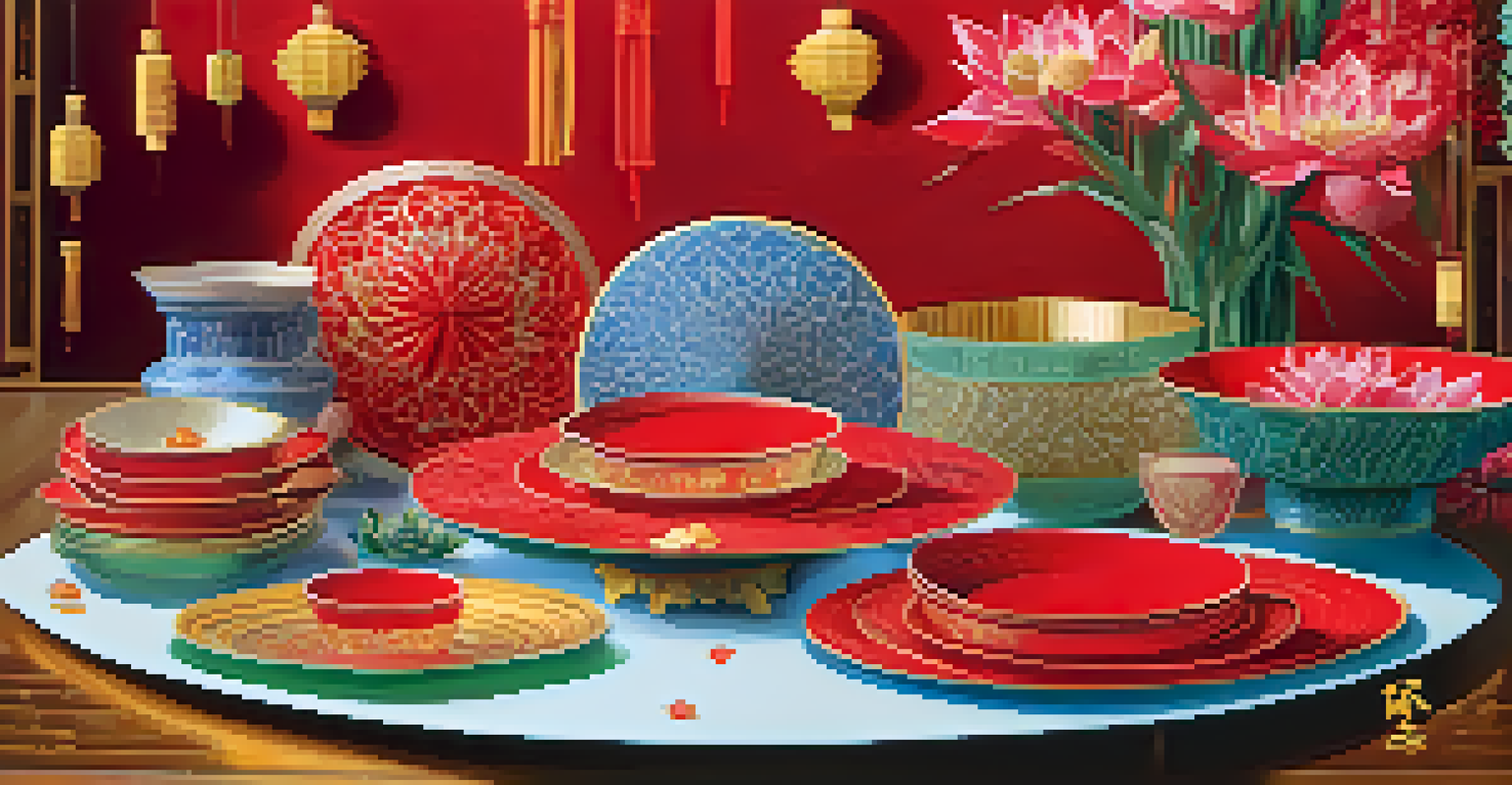 A vibrant display of colorful Chinese origami lotus flowers on a festive table surrounded by red lanterns and gold decorations.