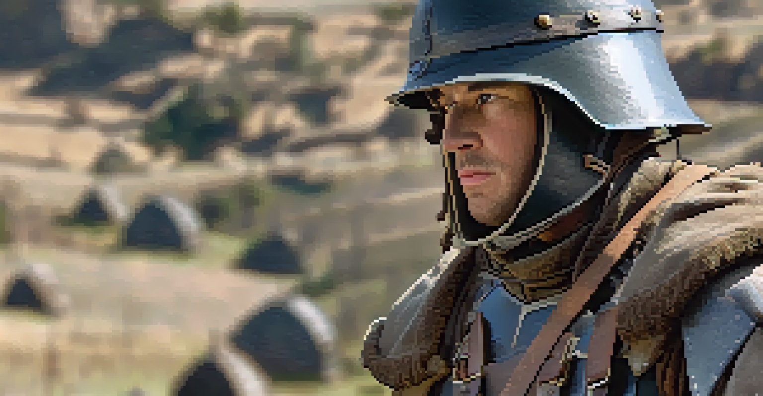 Close-up of a reenactor adjusting protective gear, showcasing a helmet and padded clothing against a rugged background.