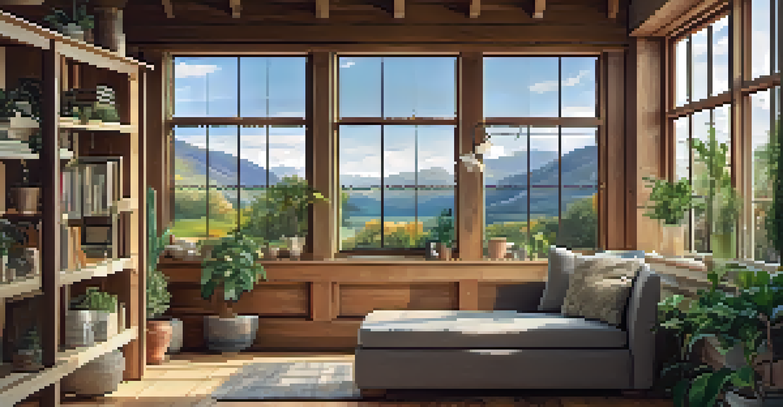 A framed completed jigsaw puzzle of a serene landscape hanging on a wall, with houseplants and a cozy reading nook nearby.