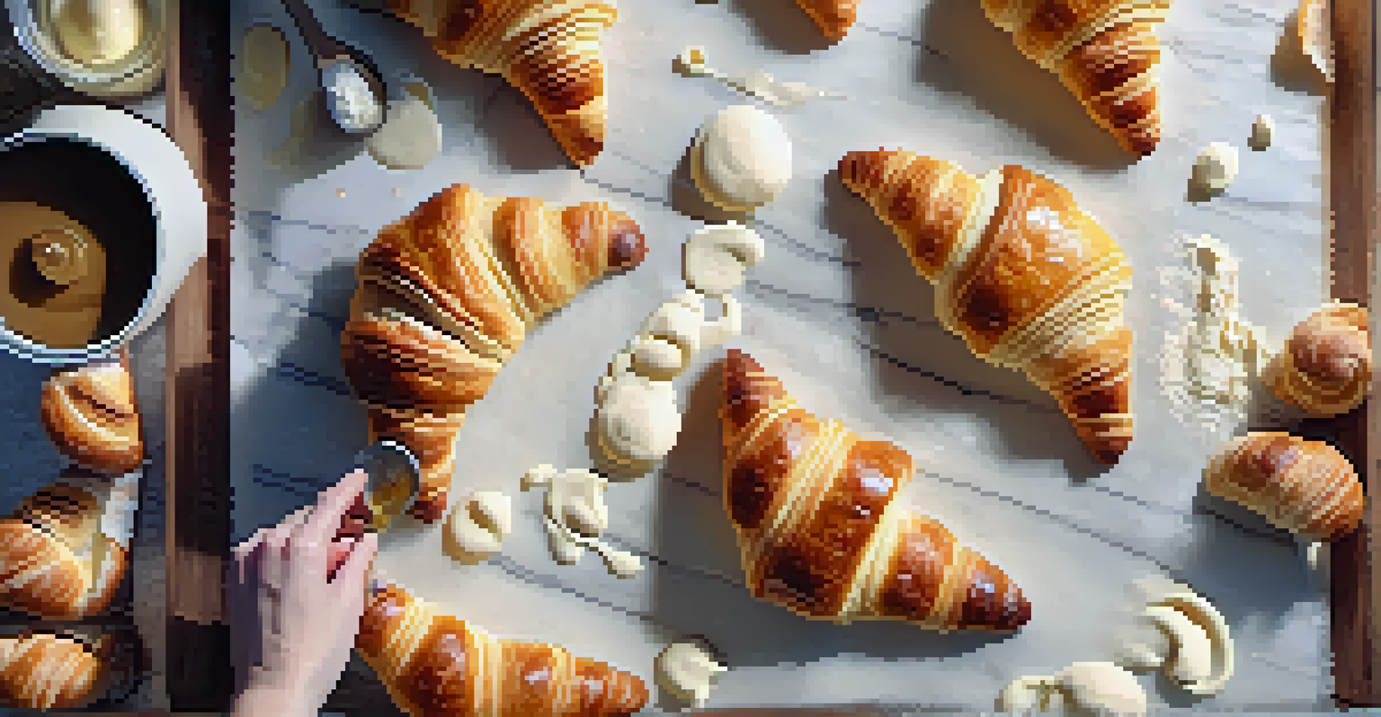 A baker shaping dough into croissants on a marble countertop, showcasing different stages of preparation.