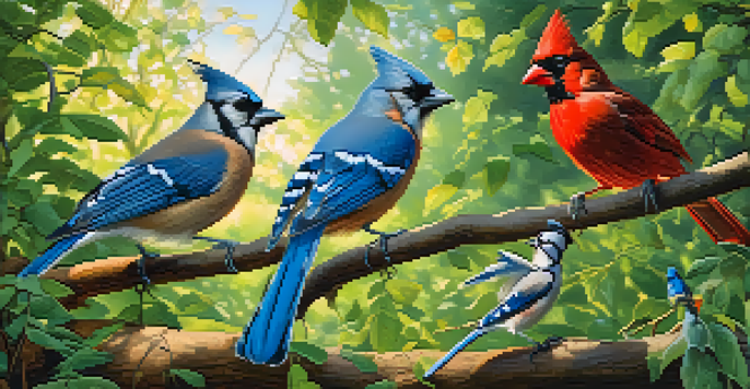 A tranquil forest scene with colorful birds like a red cardinal and blue jay sitting on branches, illuminated by sunlight filtering through the leaves.