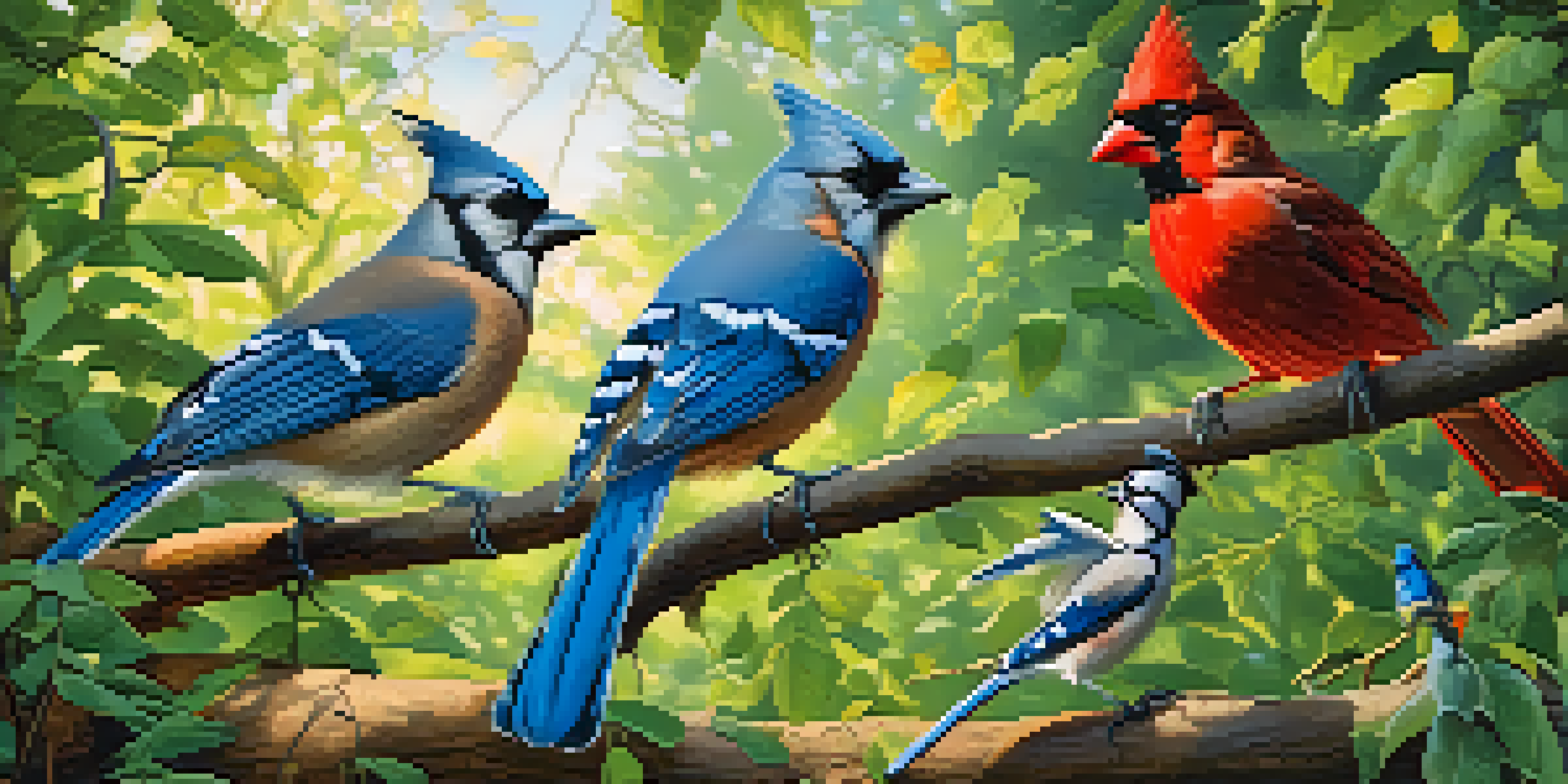 A tranquil forest scene with colorful birds like a red cardinal and blue jay sitting on branches, illuminated by sunlight filtering through the leaves.