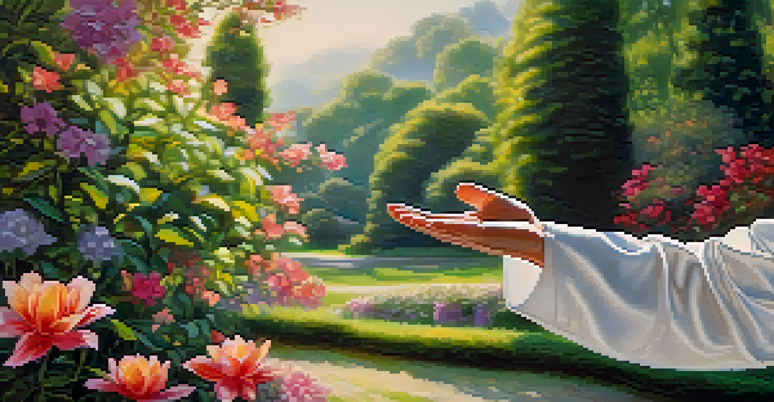 A close-up of hands performing a Tai Chi movement, set against a blurred garden background filled with colorful flowers.