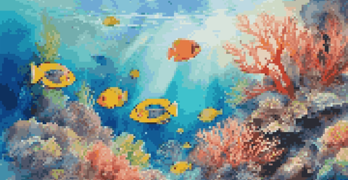 A beautiful underwater coral reef filled with colorful fish and illuminated by sunlight.