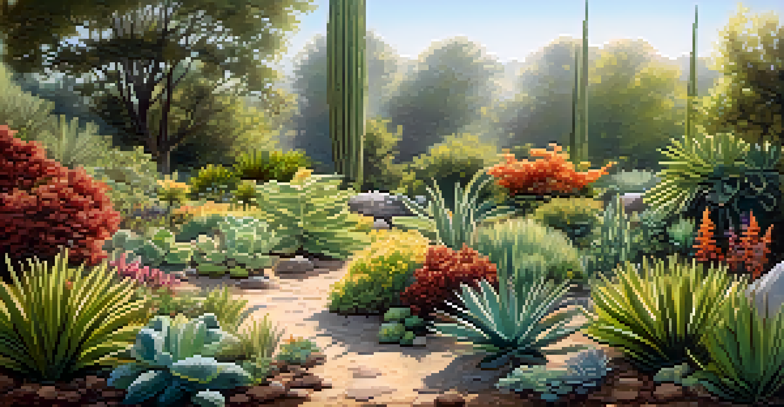 A beautiful garden landscape with a variety of native plants adapted to different soil types, illuminated by soft sunlight.