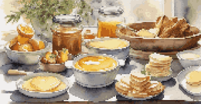 A breakfast table showcasing an array of flavored butters in decorative dishes, alongside pancakes and fresh fruits, illuminated by natural light.