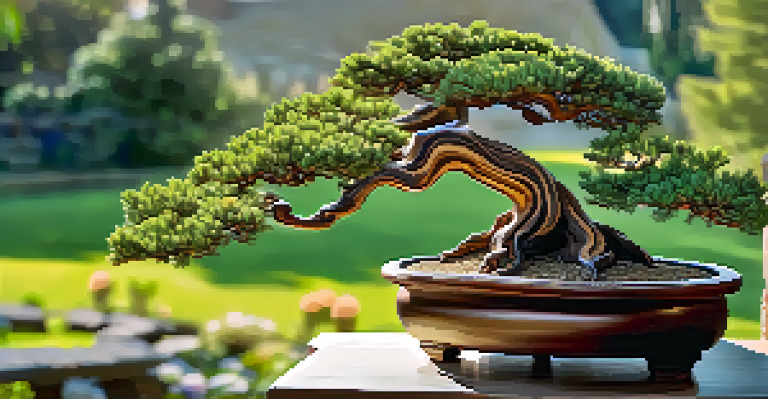 A Juniper bonsai tree in a rustic wooden pot, surrounded by a vibrant garden, with sunlight creating patterns through the leaves.