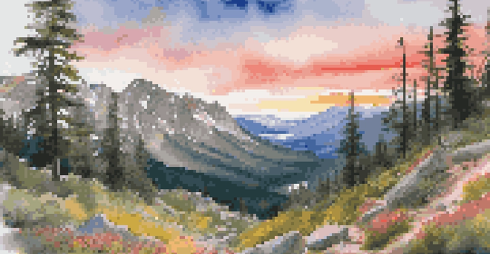 A hiker in a red jacket stands on a rocky outcrop overlooking the colorful Rocky Mountains at sunset.