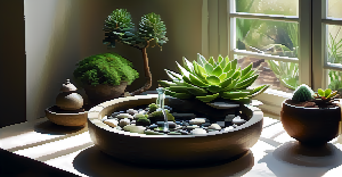 An indoor Zen garden with pebbles, sand, a small fountain, and succulents, illuminated by sunlight.