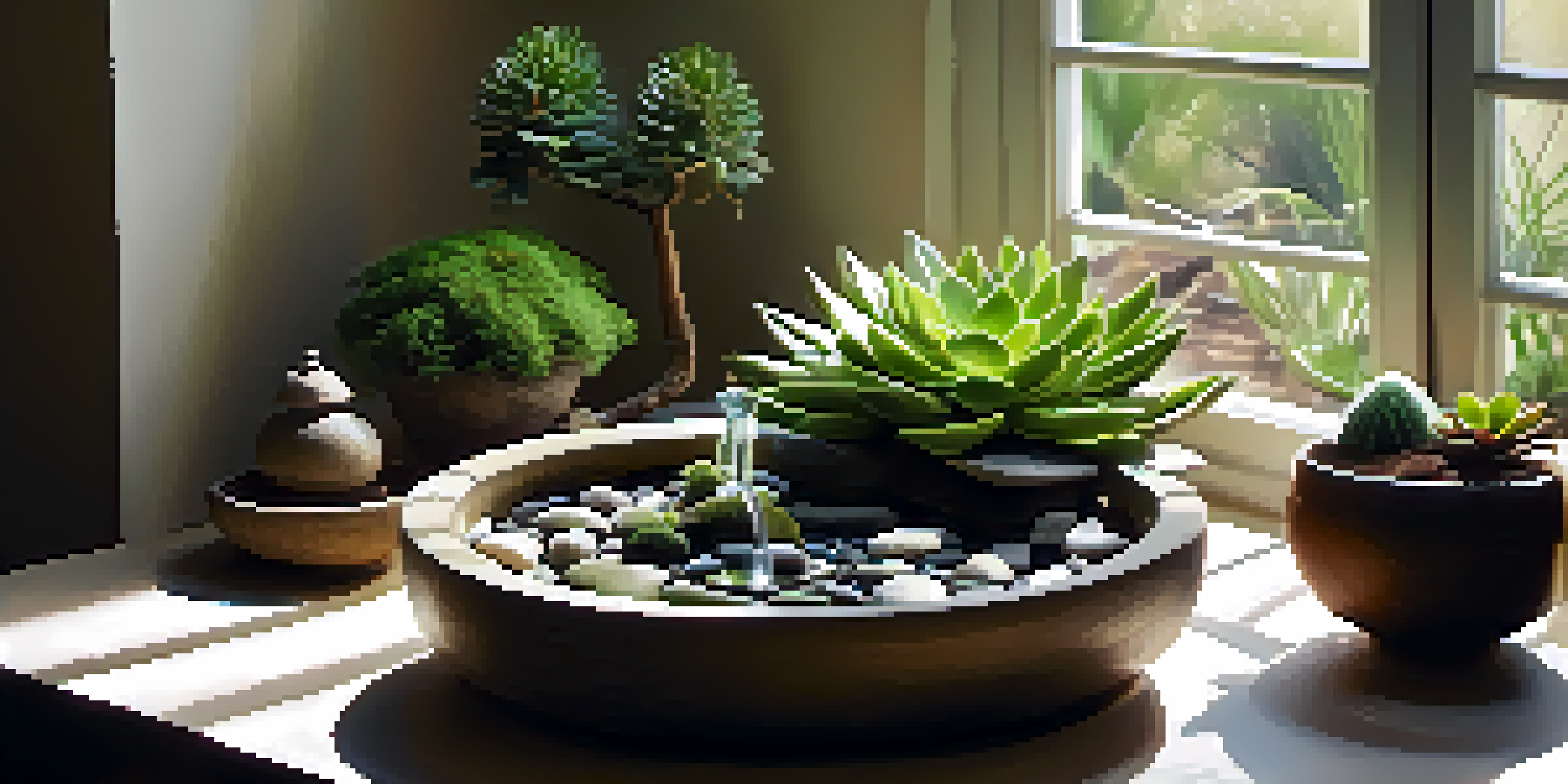 An indoor Zen garden with pebbles, sand, a small fountain, and succulents, illuminated by sunlight.