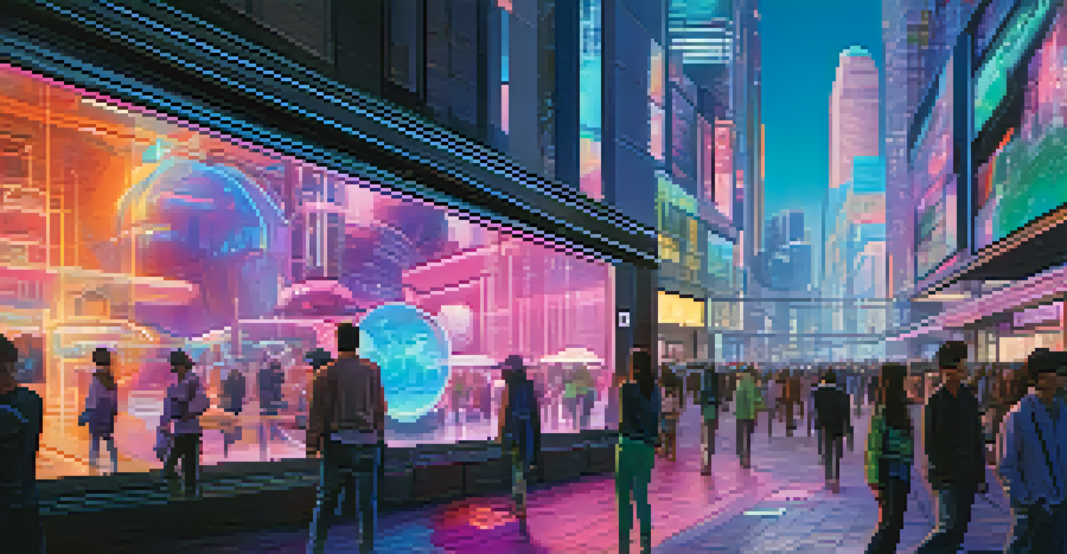 A futuristic city with augmented reality elements, featuring vibrant digital art on buildings and people interacting with holographic displays under neon lights.