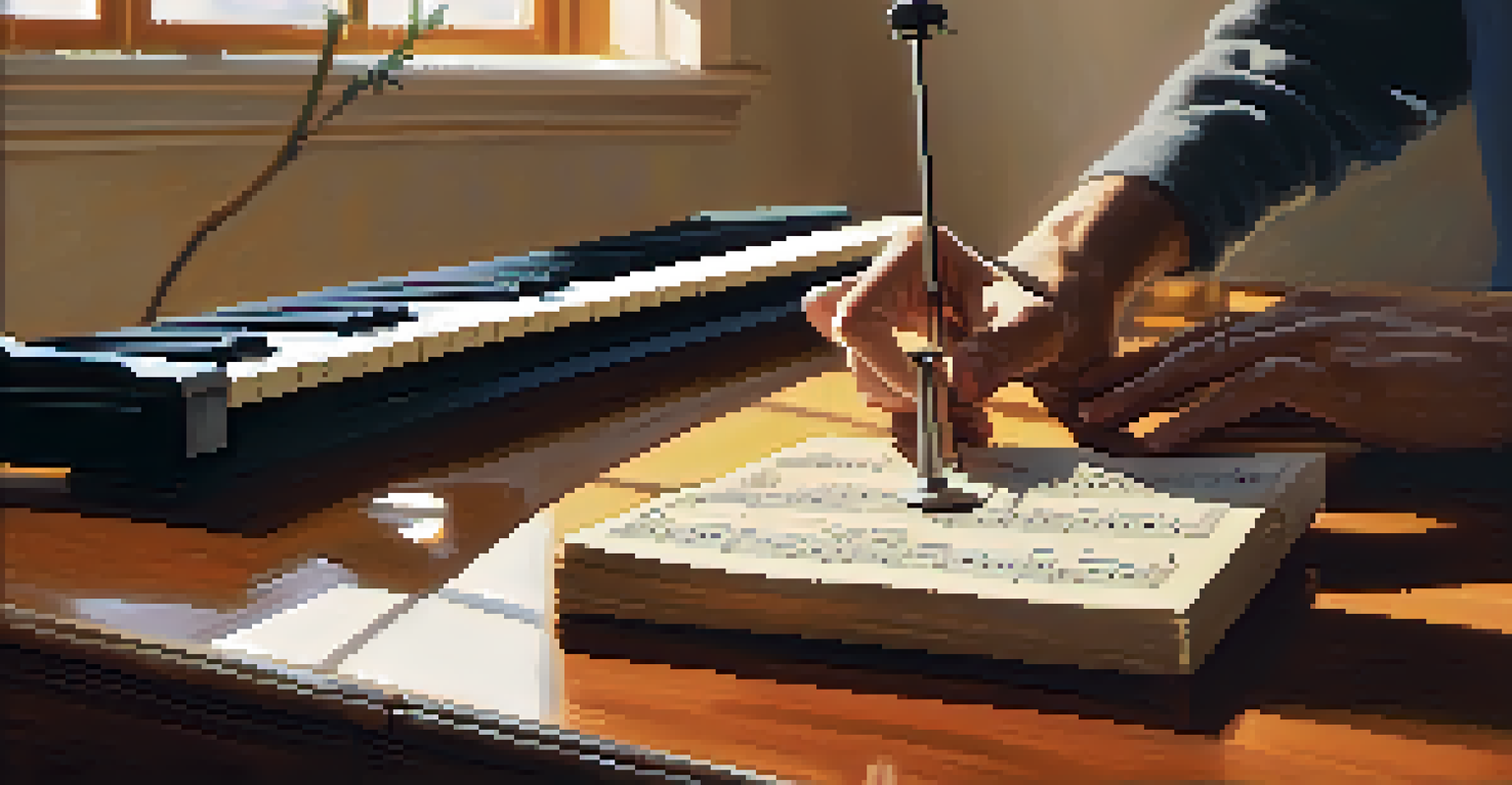 A musician practicing guitar with a metronome and sheet music in a sunlit room with wooden floors.