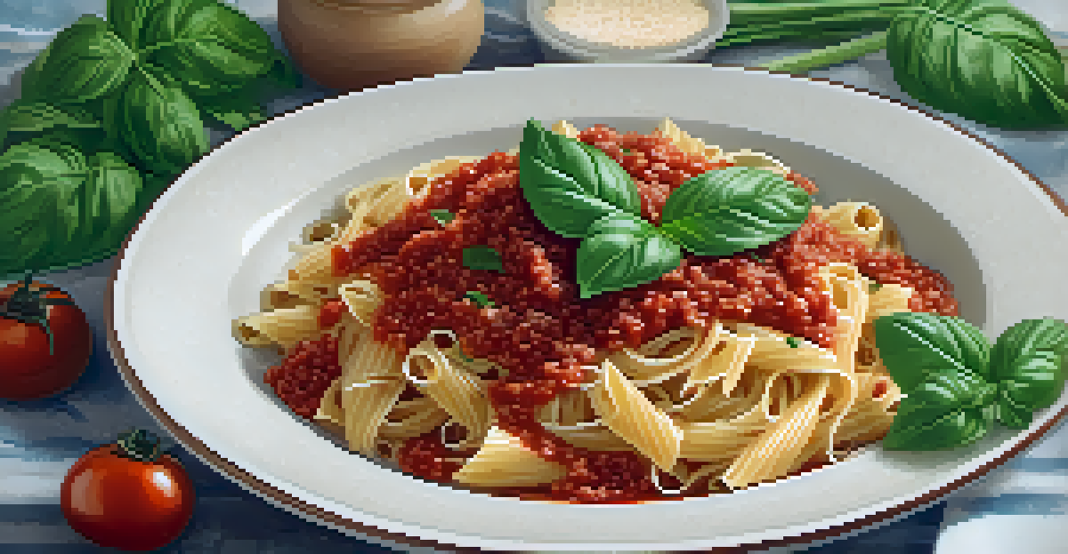 A plate of pasta with tomato sauce and Parmesan, garnished with fresh basil leaves on a textured tablecloth.