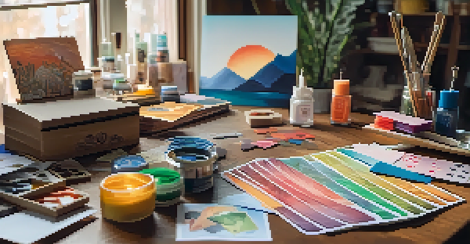 A colorful workspace filled with craft supplies for DIY magic, including scissors, glue, and customized playing cards, illuminated by warm natural light.