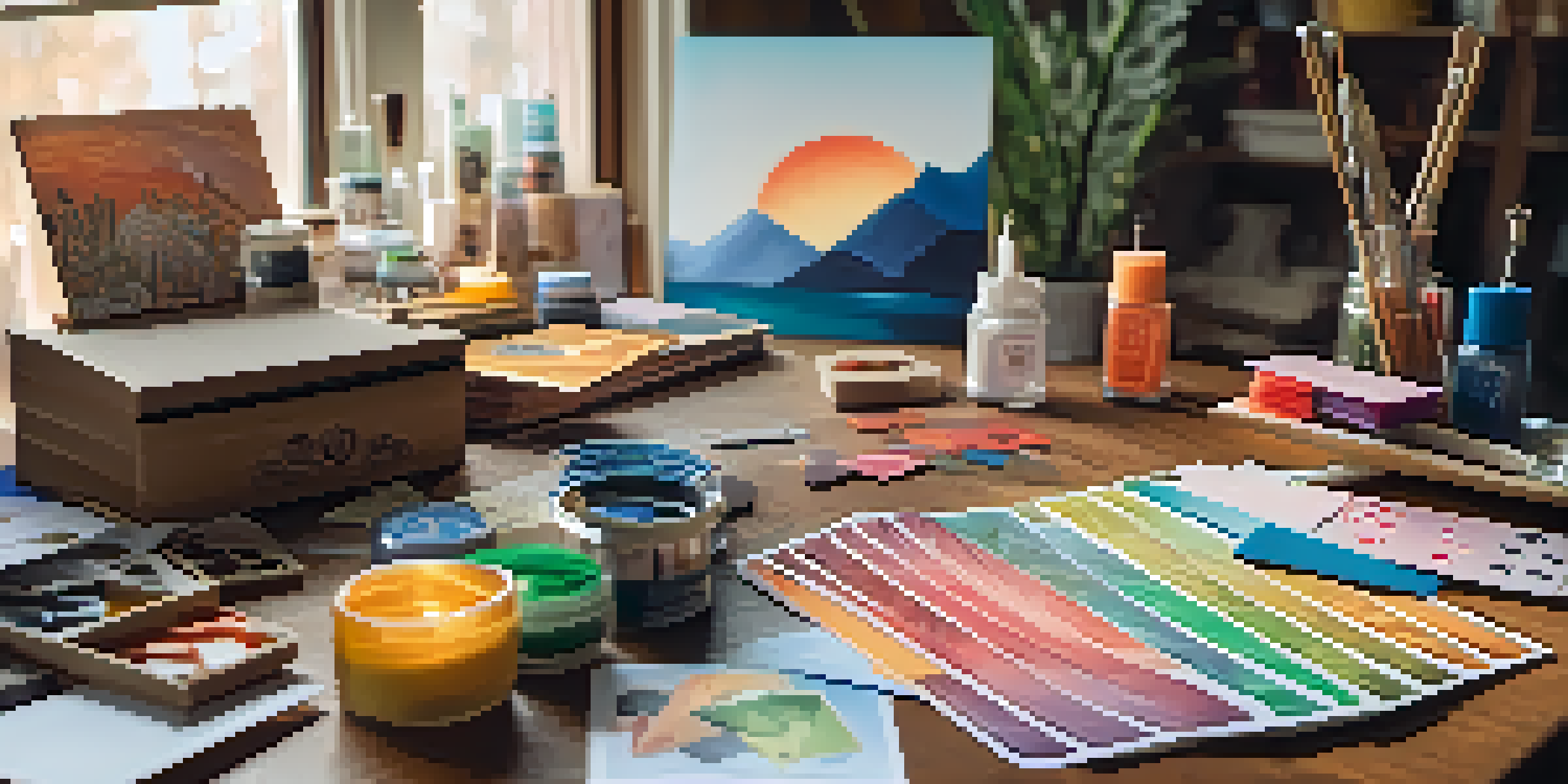 A colorful workspace filled with craft supplies for DIY magic, including scissors, glue, and customized playing cards, illuminated by warm natural light.