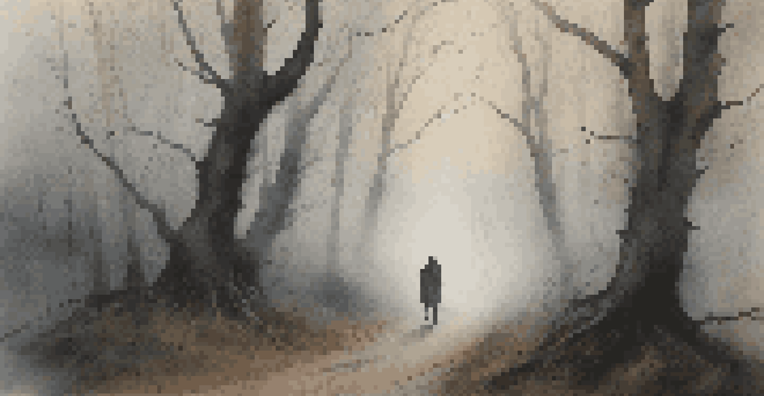 A foggy forest path at twilight with twisted trees, featuring a mysterious figure partially obscured by fog, evoking suspense.