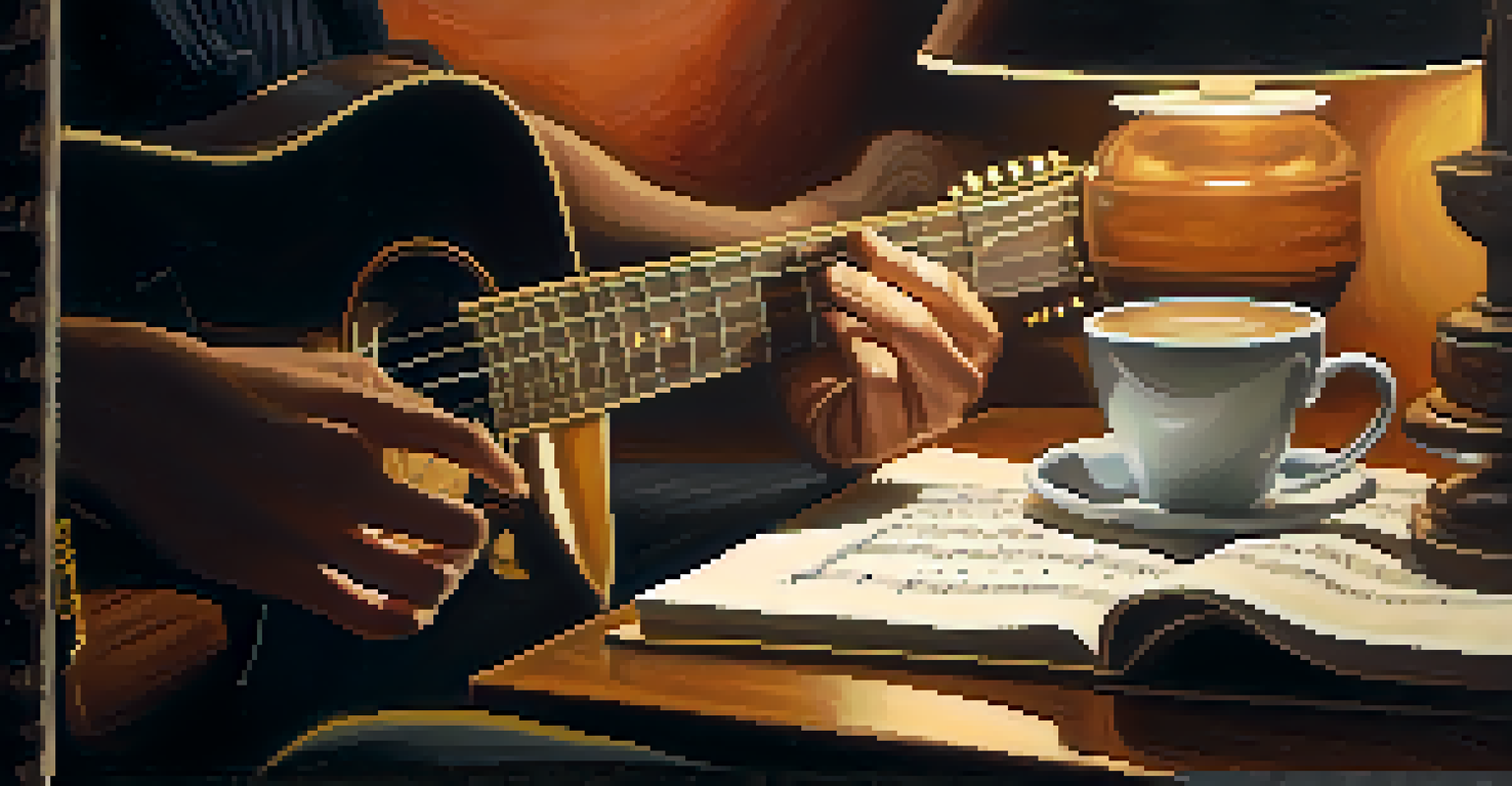 A close-up image of hands playing a guitar with sheet music and a coffee cup in a cozy setting.