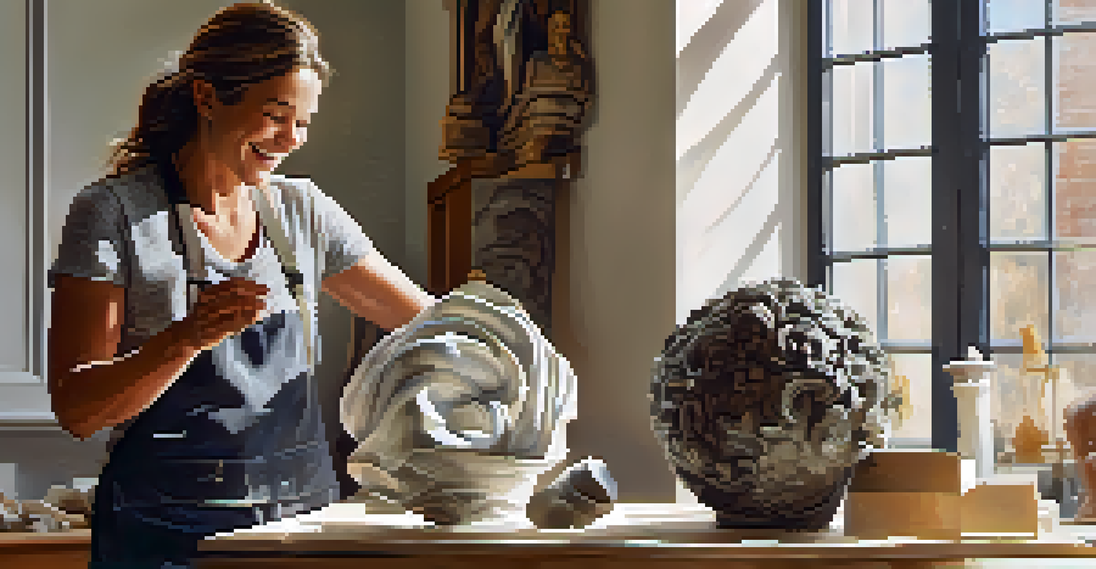 A sculptor joyfully removing a mold from a detailed sculpture, with sunlight filtering through a studio window.