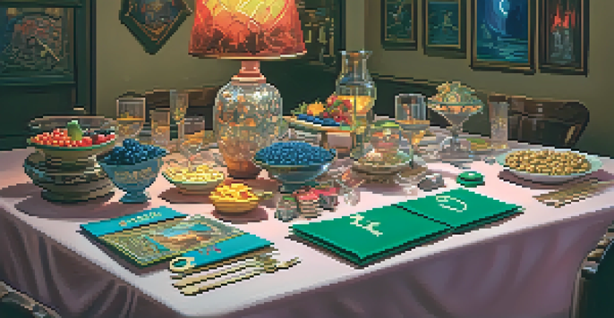 A lively themed game night table with fantasy decorations, including colorful tablecloths and props, illuminated by soft lighting.