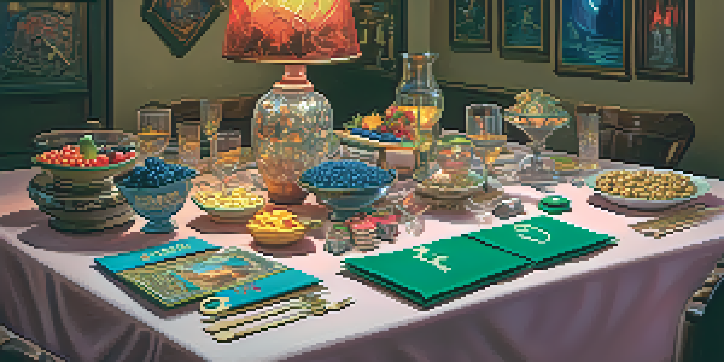 A lively themed game night table with fantasy decorations, including colorful tablecloths and props, illuminated by soft lighting.