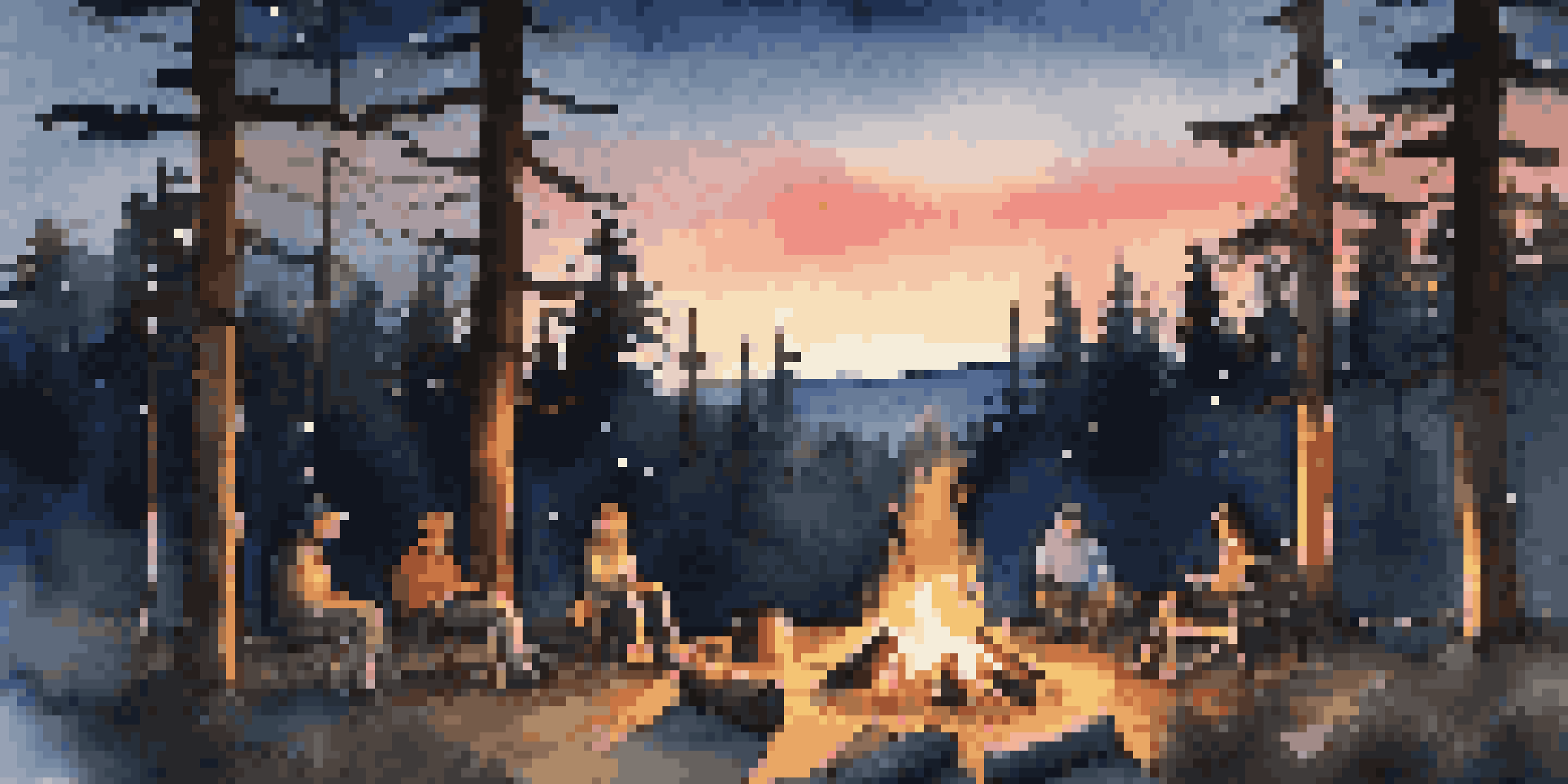 A cozy campsite with a campfire surrounded by campers, set against a twilight sky filled with stars and silhouettes of pine trees.
