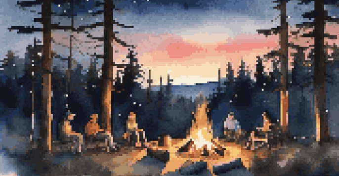 A cozy campsite with a campfire surrounded by campers, set against a twilight sky filled with stars and silhouettes of pine trees.