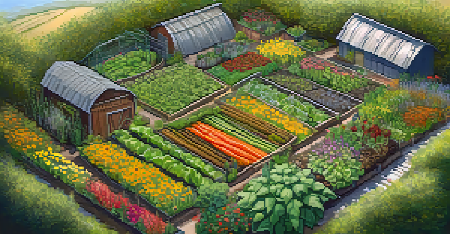 An aerial view of a permaculture garden with layered plants, rainwater barrels, and swales, illustrating biodiversity and sustainability.