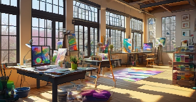 A bright and colorful digital art studio filled with art supplies, canvases, and artworks on the walls.