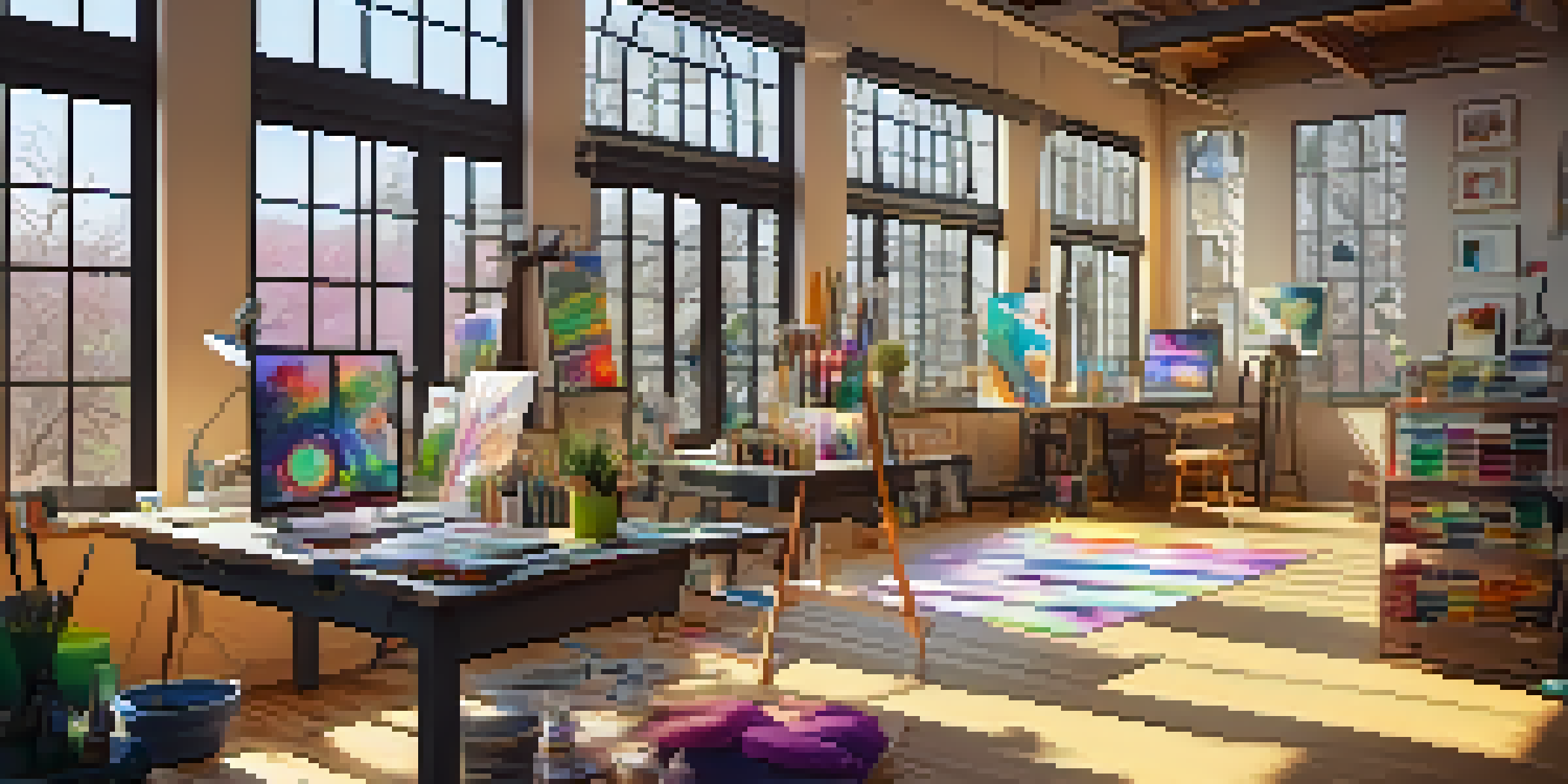 A bright and colorful digital art studio filled with art supplies, canvases, and artworks on the walls.