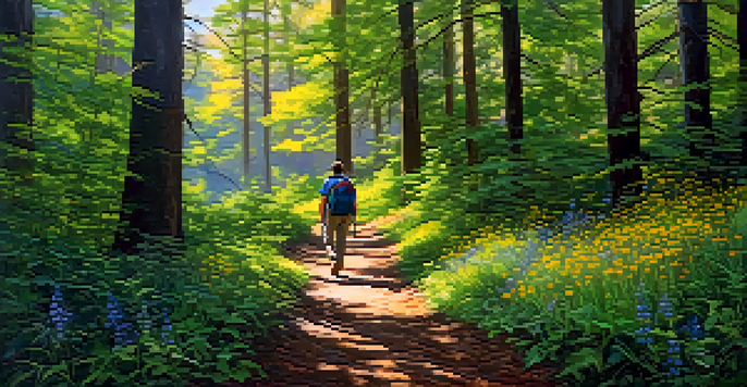 A peaceful forest trail with sunlight filtering through the trees and a solitary hiker walking along the path surrounded by vibrant wildflowers.