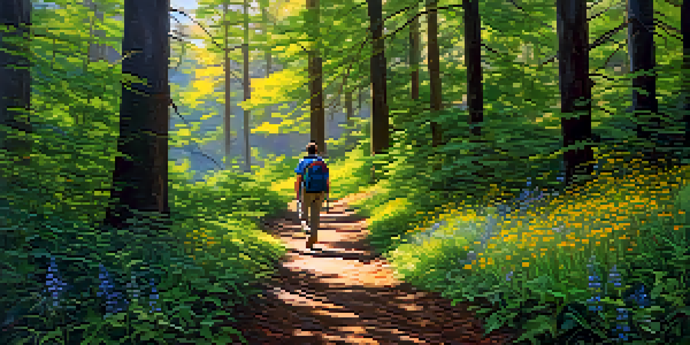 A peaceful forest trail with sunlight filtering through the trees and a solitary hiker walking along the path surrounded by vibrant wildflowers.