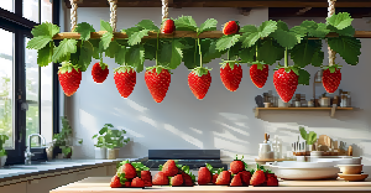 A close-up of a hanging strawberry plant with red strawberries and green leaves, suspended in a sunny kitchen with soft lighting.