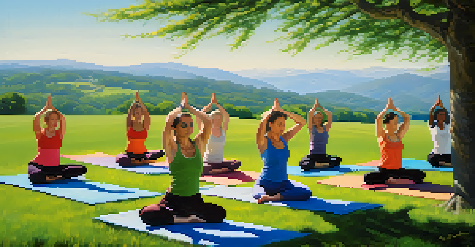 People practicing yoga outdoors on a sunny day with rolling hills in the background.