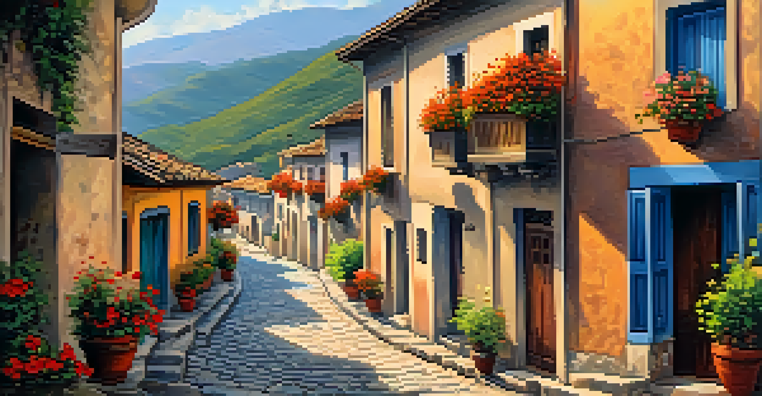 A charming street in Gjirokastër, Albania, with stone houses and a sunset backdrop.