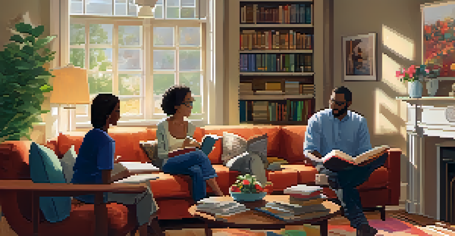 A diverse group of people in a lively book club discussion, surrounded by books in a cozy living room.
