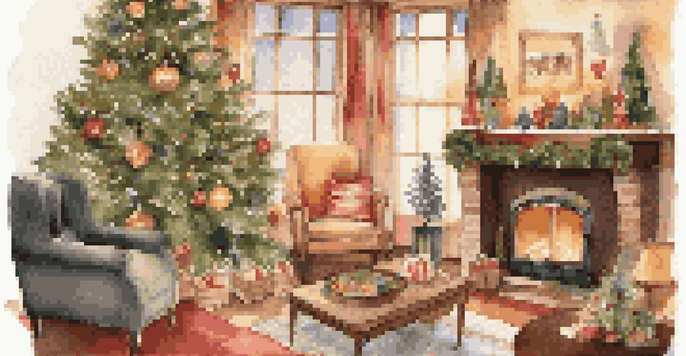 A cozy living room with a decorated Christmas tree full of handmade ornaments, warm lighting, and a fireplace in the background.