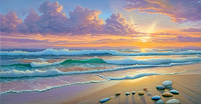 A sunset at a peaceful beach with colorful skies and gentle waves hitting the shore, creating a tranquil atmosphere.
