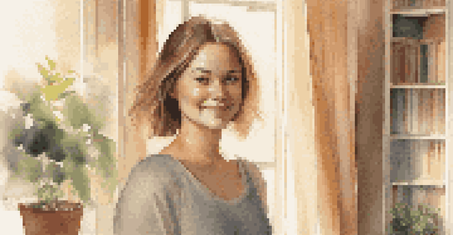 A portrait of a smiling young woman in a sunlit room with soft light filtering through curtains.