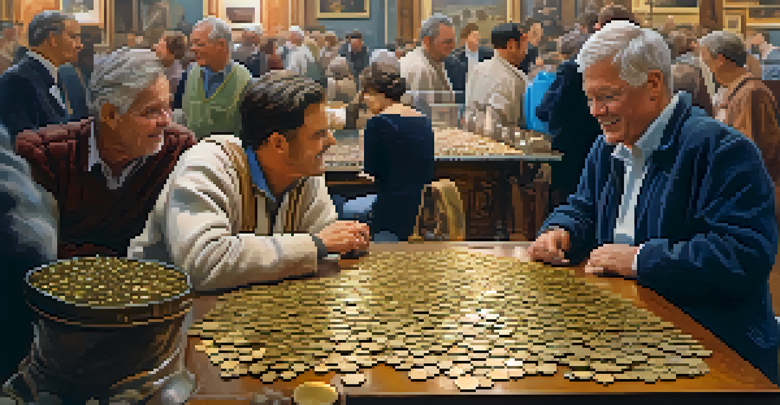 Two collectors chatting over a table of historical coins at a local coin show.