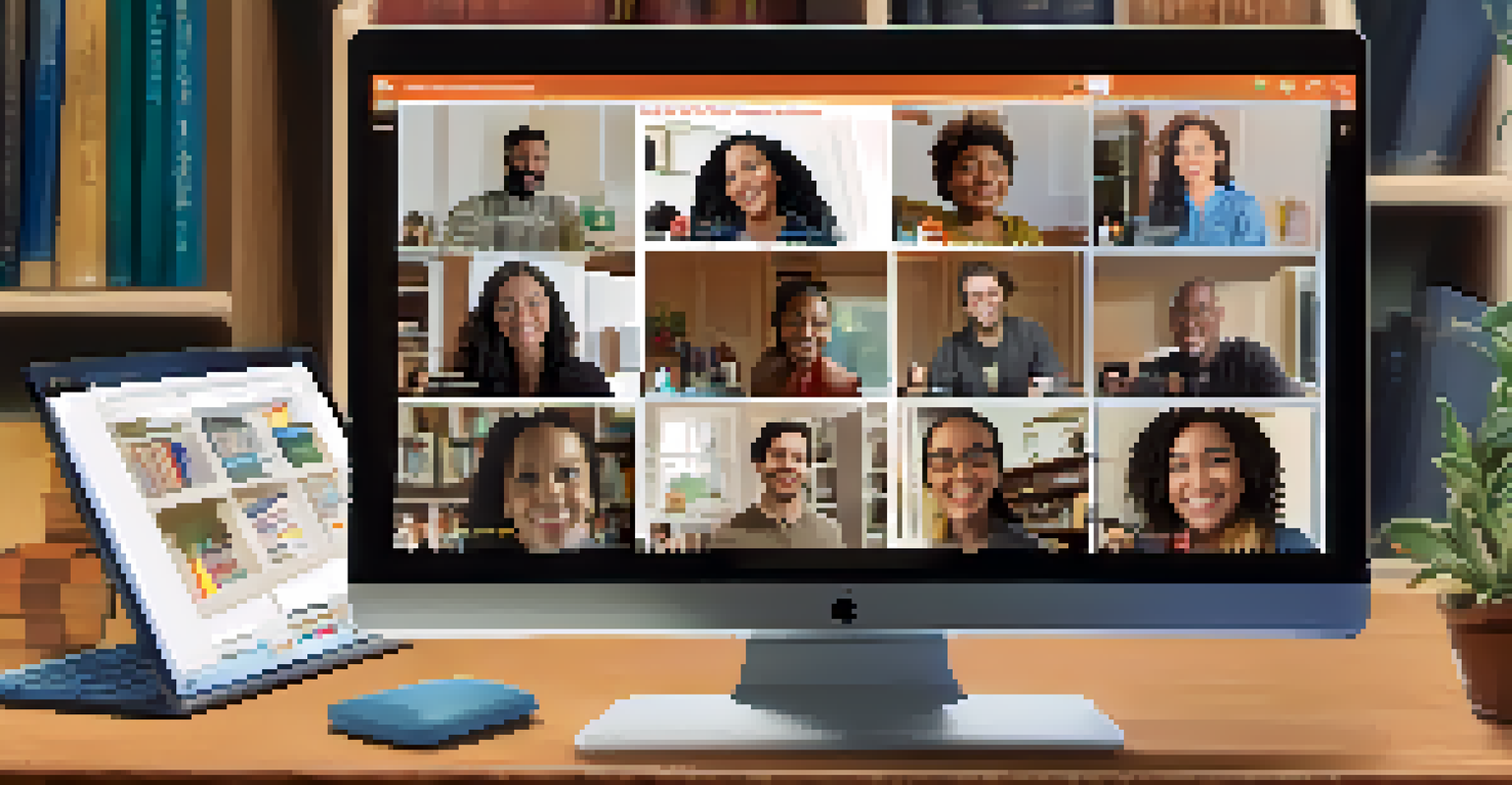 A computer screen showing a virtual book club meeting with participants smiling and engaging from their homes.