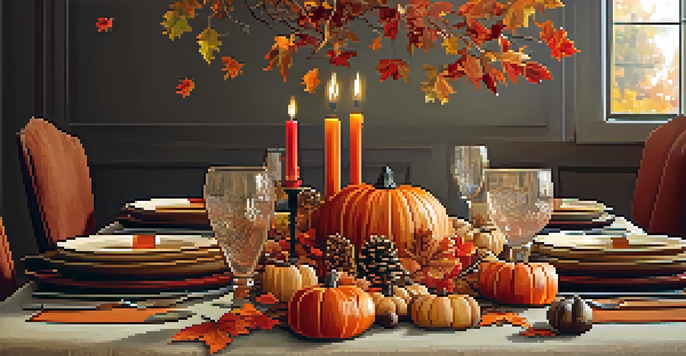 A warm and inviting autumn dining table decorated with pumpkins, acorns, and autumn leaves under soft candlelight.