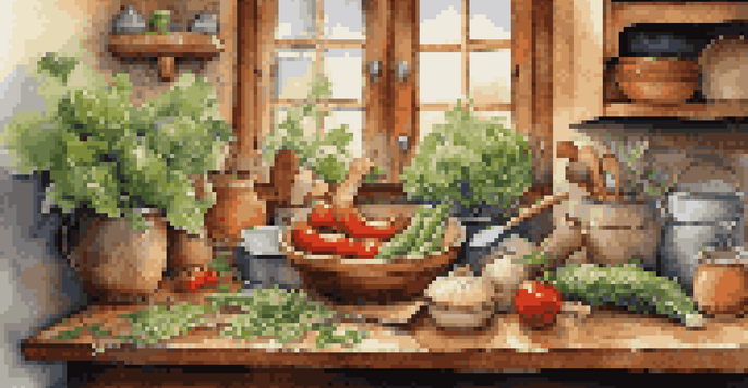 A cozy kitchen with handmade wooden utensils on a countertop, surrounded by fresh vegetables, with soft warm lighting.