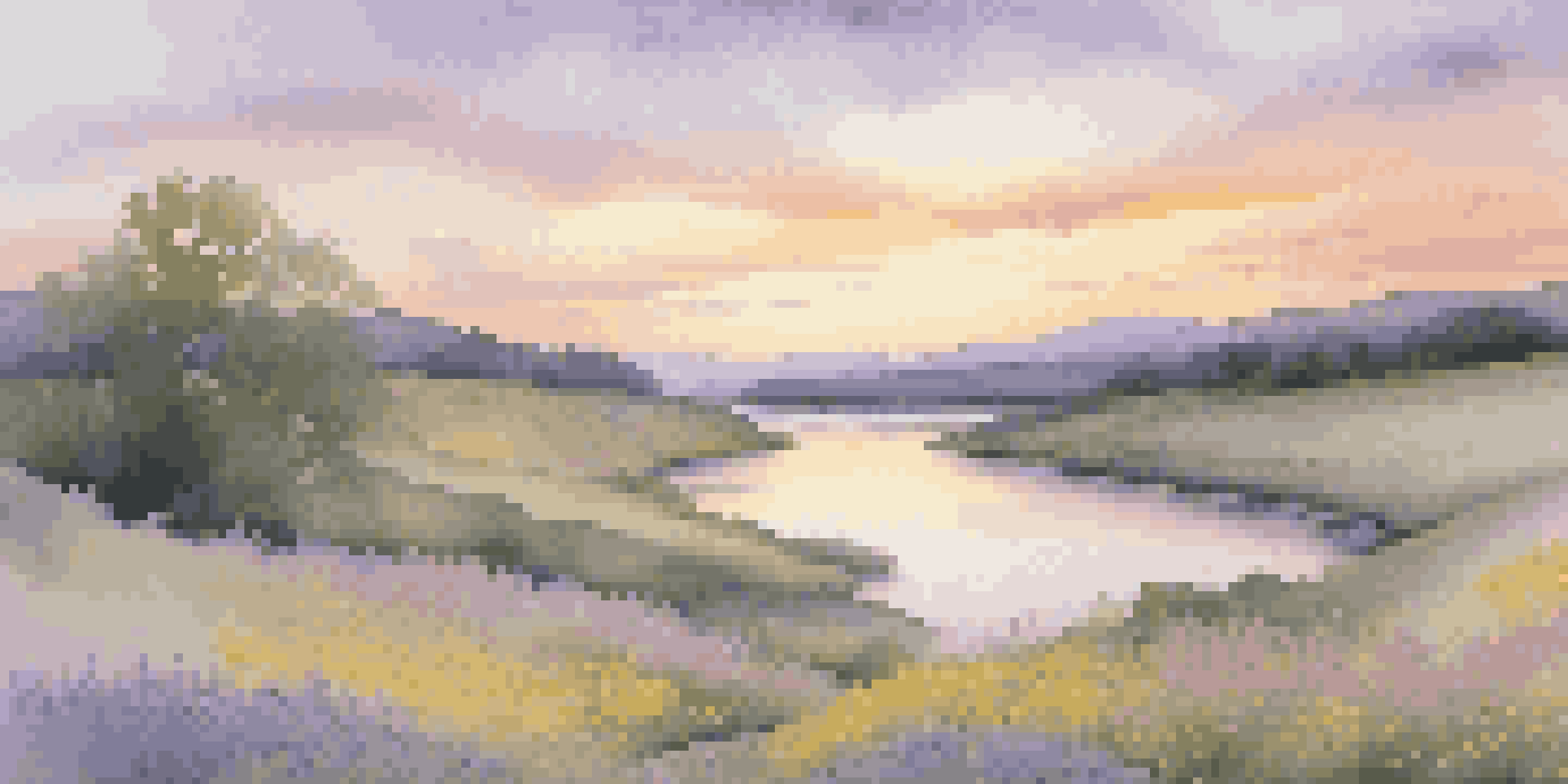 A peaceful landscape with rolling hills, a calm river, and wildflowers under a pastel sunset sky.