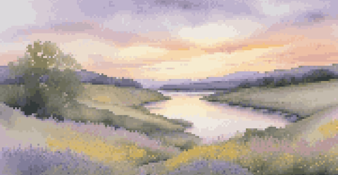 A peaceful landscape with rolling hills, a calm river, and wildflowers under a pastel sunset sky.