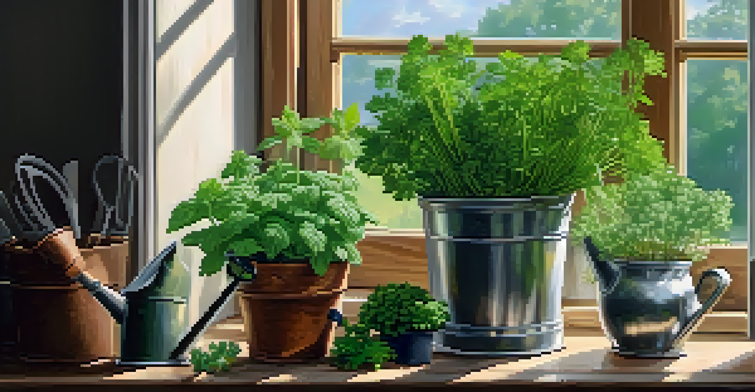 A sunny kitchen windowsill with potted herbs and gardening tools, creating a cozy indoor herb garden.
