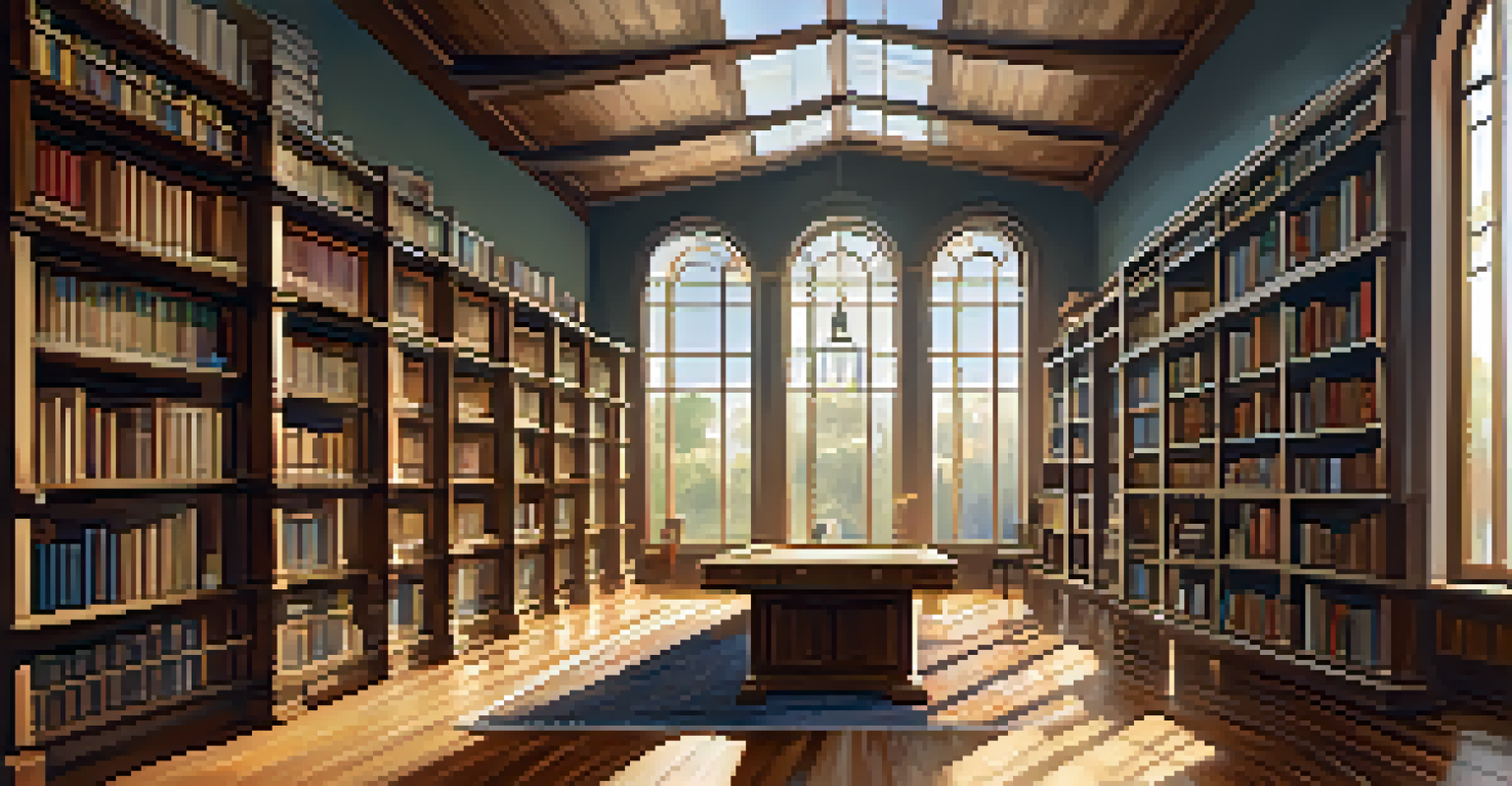 A tranquil library with shelves of books, a table with notes and a laptop, illuminated by sunlight through windows.