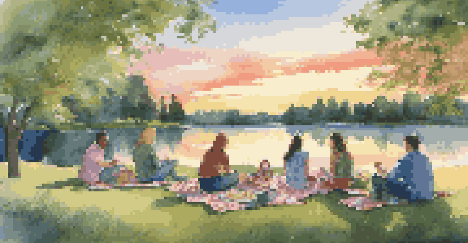 A group of friends on a picnic blanket outdoors, working on a jigsaw puzzle of a sunset over a lake.