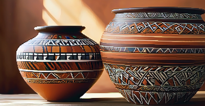 A close-up view of an African clay pot with vibrant geometric patterns on a wooden table.