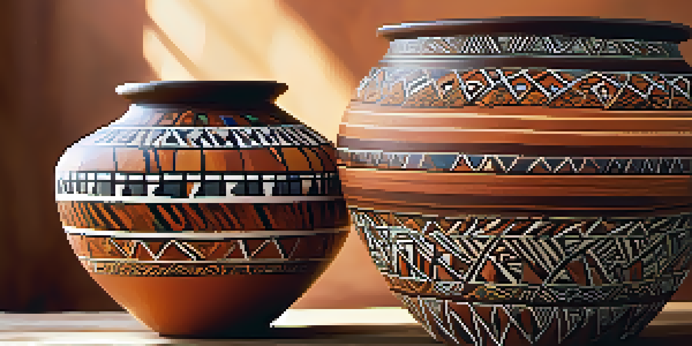 A close-up view of an African clay pot with vibrant geometric patterns on a wooden table.