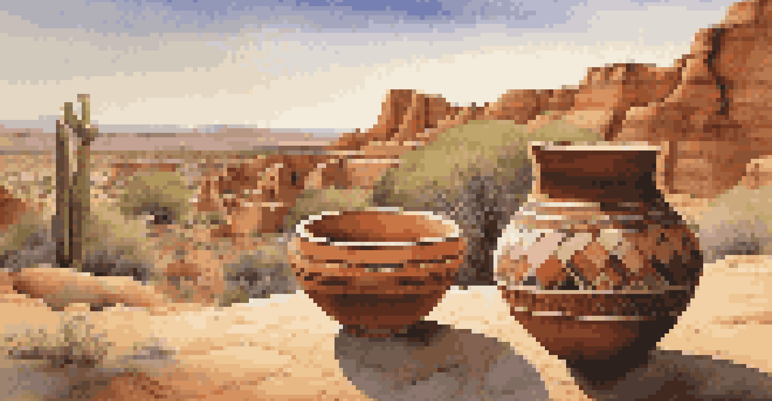 A piece of Pueblo pottery with intricate designs displayed against a desert landscape at sunset, showcasing its craftsmanship.